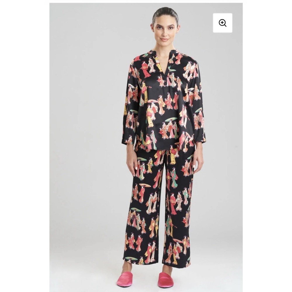 Natori Pajama Set Womens Size Large Black Geisha Print Floral Satin Loungewear